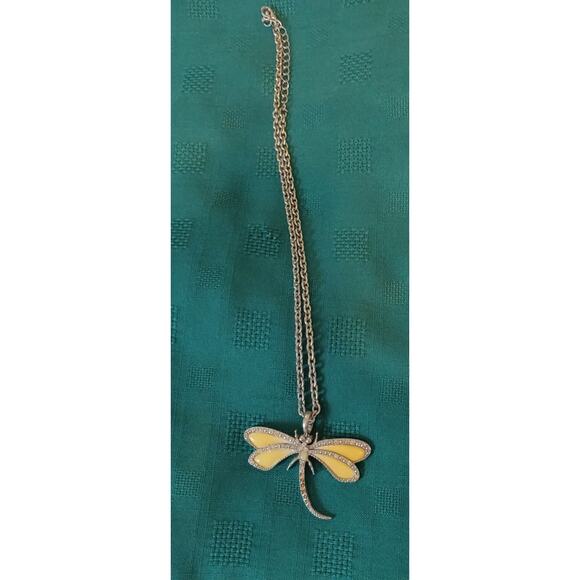 DragonFly Bug Necklace Costume Jewelry Yellow Silver Tone Good Luck Rhinestones - Picture 7 of 11